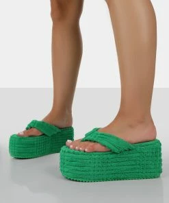 Public Desire UK NEW IN Nell Green Terry Towelling Platform Wedge Flip Flop Sandals