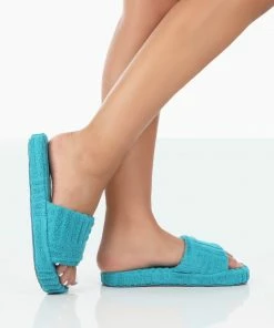 Public Desire UK NEW IN Juicy Teal Terry Towelling Slider Slippers