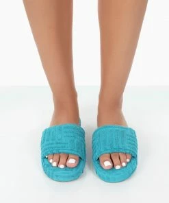 Public Desire UK NEW IN Juicy Teal Terry Towelling Slider Slippers