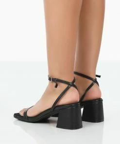 Public Desire UK Lane Wide Fit Black Pu Strappy Mid Block Heeled Sandals