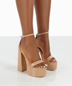 Public Desire UK NEW IN Primrose Nude Patent Chunky Strappy Platform High Heels