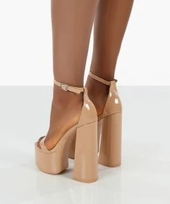 Public Desire UK NEW IN Primrose Nude Patent Chunky Strappy Platform High Heels