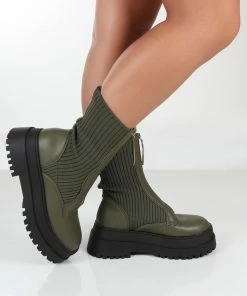 Public Desire UK Code Khaki PU Chunky Zip Up Detail Ankle Boots