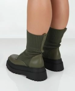 Public Desire UK Code Khaki PU Chunky Zip Up Detail Ankle Boots