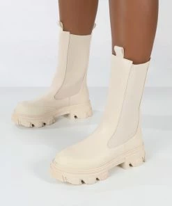 Public Desire UK NEW IN Boston Bone Pu Wide Fit Calf High Chunky Sole Boots