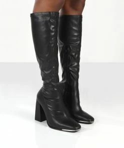 Public Desire UK Caryn Black PU Knee High Heeled Boot