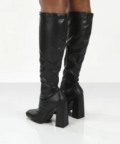 Public Desire UK Caryn Black PU Knee High Heeled Boot