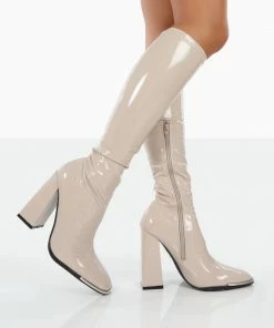 Public Desire UK Caryn Nude Patent Nude High Heeled Boots LONG BOOTS