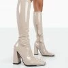 Public Desire UK Caryn Nude Patent Nude High Heeled Boots LONG BOOTS