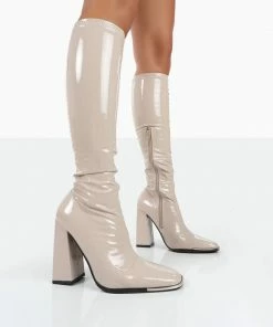 Public Desire UK Caryn Nude Patent Nude High Heeled Boots LONG BOOTS