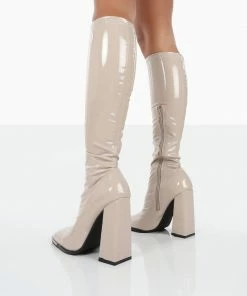 Public Desire UK Caryn Nude Patent Nude High Heeled Boots LONG BOOTS