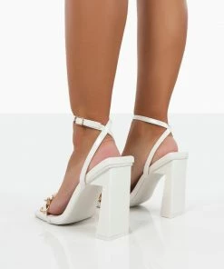 Public Desire UK Rae Wide Fit White Patent Buckle Detail Block Heels NEW IN