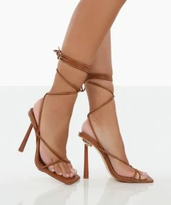 Public Desire UK NEW IN Lacey Wide Fit Toffee PU Square Toe Strappy Lace Up Stiletto Heels