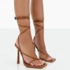 Public Desire UK NEW IN Lacey Wide Fit Toffee PU Square Toe Strappy Lace Up Stiletto Heels