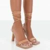 Public Desire UK Province Nude Square Toe Strappy Lace Up Heels