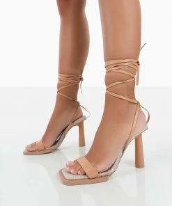 Public Desire UK Province Nude Square Toe Strappy Lace Up Heels
