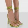 Public Desire UK Lacey Wide Fit Green Patent Square Toe Strappy Lace Up Stiletto Heels