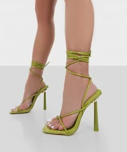 Public Desire UK Lacey Wide Fit Green Patent Square Toe Strappy Lace Up Stiletto Heels