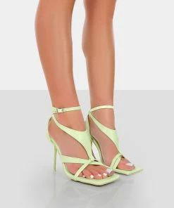 Public Desire UK NEW IN Harness Lime Croc Strappy Square Toe Stiletto Heels