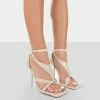 Public Desire UK NEW IN Harness Ecru Croc Strappy Square Toe Stiletto Heels