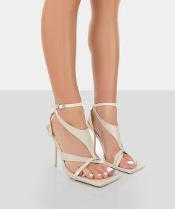 Public Desire UK NEW IN Harness Ecru Croc Strappy Square Toe Stiletto Heels