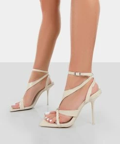 Public Desire UK NEW IN Harness Ecru Croc Strappy Square Toe Stiletto Heels