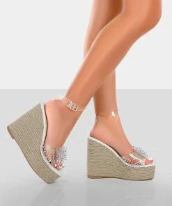 Public Desire UK NEW IN Ocean Beach White Patent Bow Platform Wedge Heels