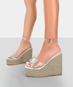 Public Desire UK NEW IN Ocean Beach White Patent Bow Platform Wedge Heels