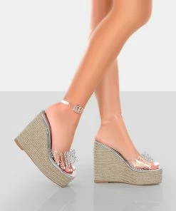 Public Desire UK Ocean Beach Silver Patent Bow Platform Wedge Heels