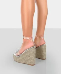 Public Desire UK Ocean Beach Silver Patent Bow Platform Wedge Heels
