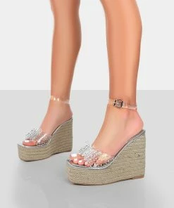 Public Desire UK Ocean Beach Silver Patent Bow Platform Wedge Heels