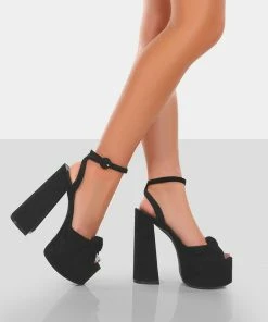 Public Desire UK NEW IN Knot On Black Faux Suede Knotted Platform High Heeled Sandals