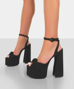 Public Desire UK NEW IN Knot On Black Faux Suede Knotted Platform High Heeled Sandals