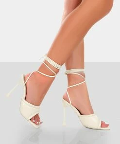 Public Desire UK Amerie Ecru Pu Square Peep Toe Lace Up Stiletto Heels