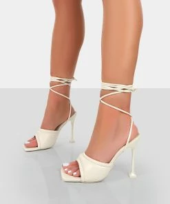 Public Desire UK Amerie Ecru Pu Square Peep Toe Lace Up Stiletto Heels