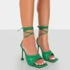 Public Desire UK Amerie Green Pu Square Peep Toe Lace Up Stiletto Heels
