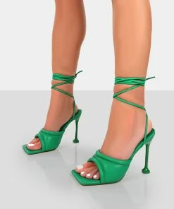 Public Desire UK Amerie Green Pu Square Peep Toe Lace Up Stiletto Heels