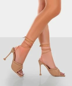 Public Desire UK Amerie Nude Pu Square Peep Toe Lace Up Stiletto Heels