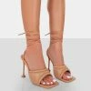 Public Desire UK Amerie Nude Pu Square Peep Toe Lace Up Stiletto Heels