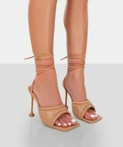 Public Desire UK Amerie Nude Pu Square Peep Toe Lace Up Stiletto Heels