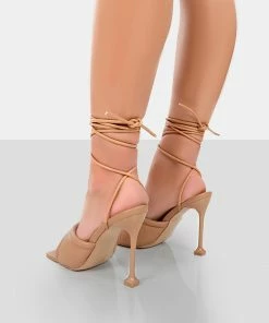 Public Desire UK Amerie Nude Pu Square Peep Toe Lace Up Stiletto Heels