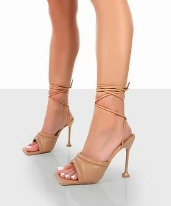 Public Desire UK Amerie Nude Pu Square Peep Toe Lace Up Stiletto Heels