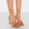 Public Desire UK Amerie Toffee Satin Square Peep Toe Lace Up Stiletto Heels