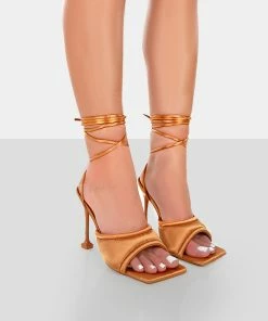 Public Desire UK Amerie Toffee Satin Square Peep Toe Lace Up Stiletto Heels