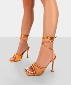 Public Desire UK Amerie Toffee Satin Square Peep Toe Lace Up Stiletto Heels