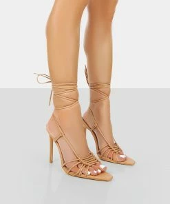 Public Desire UK Valencia Nude Pu Strappy Lace Up Pointed Toe Stiletto Heels