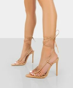Public Desire UK Valencia Nude Pu Strappy Lace Up Pointed Toe Stiletto Heels