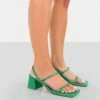Public Desire UK Just Realise Wide Fit Green PU Strappy Square Toe Mid Block Heeled Sandals NEW IN