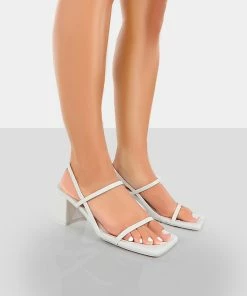 Public Desire UK Just Realise White PU Strappy Square Toe Mid Block Heeled Sandals NEW IN