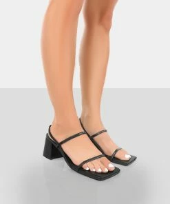 Public Desire UK NEW IN Just Realise Black PU Strappy Square Toe Mid Block Heeled Sandals